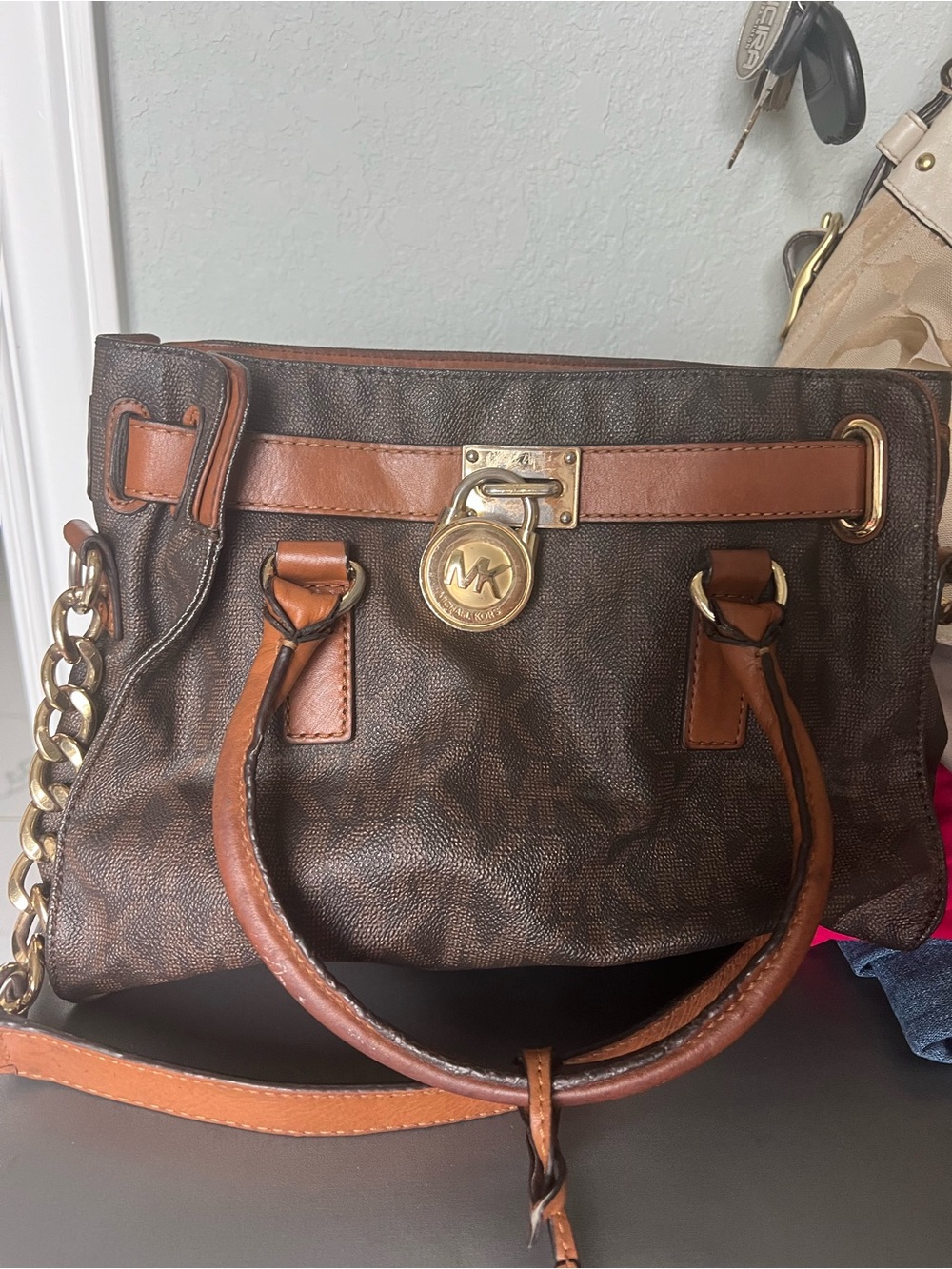 Michael Kors Brown and Tan Logo Chain-Accent Crossbody Bag